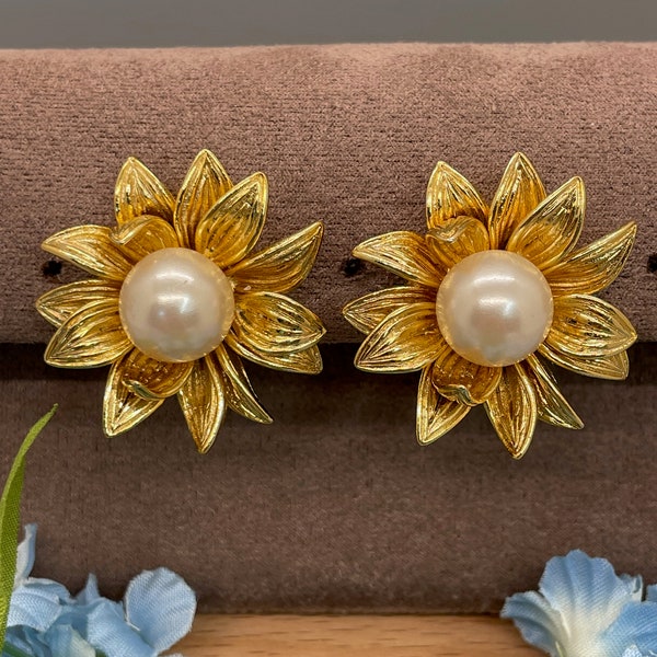 Vintage Orena Faux Pearl flower clip on earrings