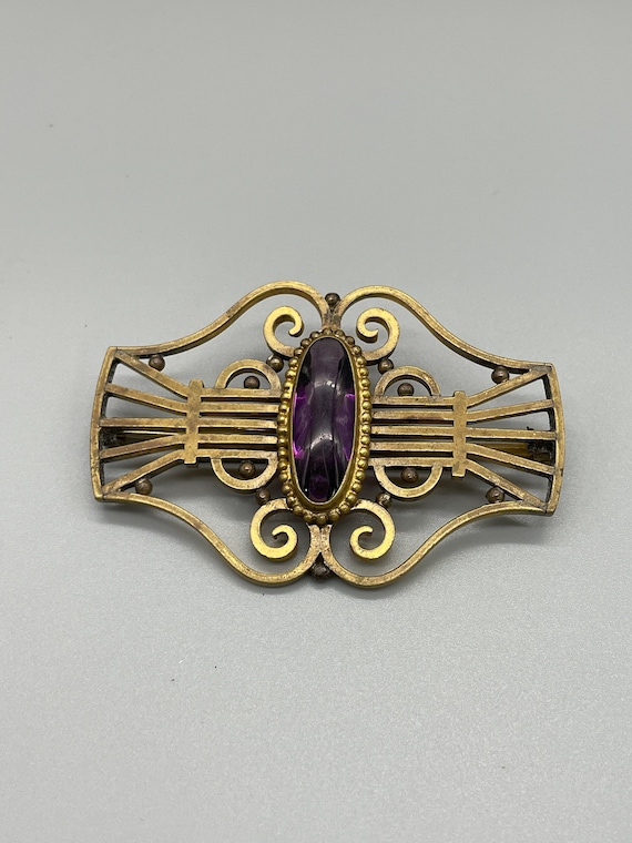 Antique Victorian Brass and Purple Statement Brooc