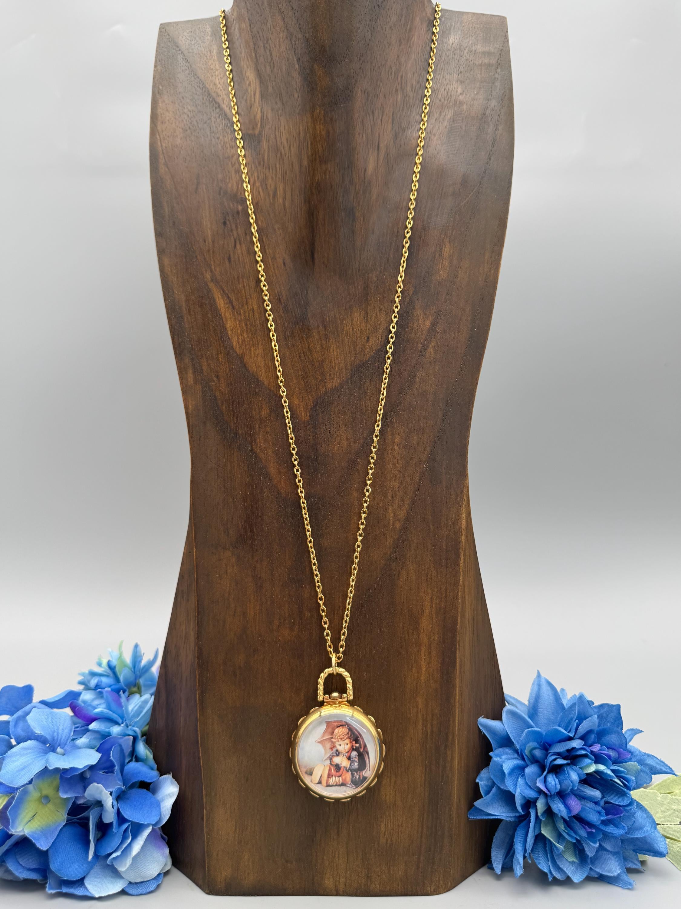 M l Hummel: ‘’Follow the Leader”  Hummel duo set pocket watch necklace Vintage NEW - Vintage MJ Hummel Umbrella Girl Pocket Watch Necklace  main image 2