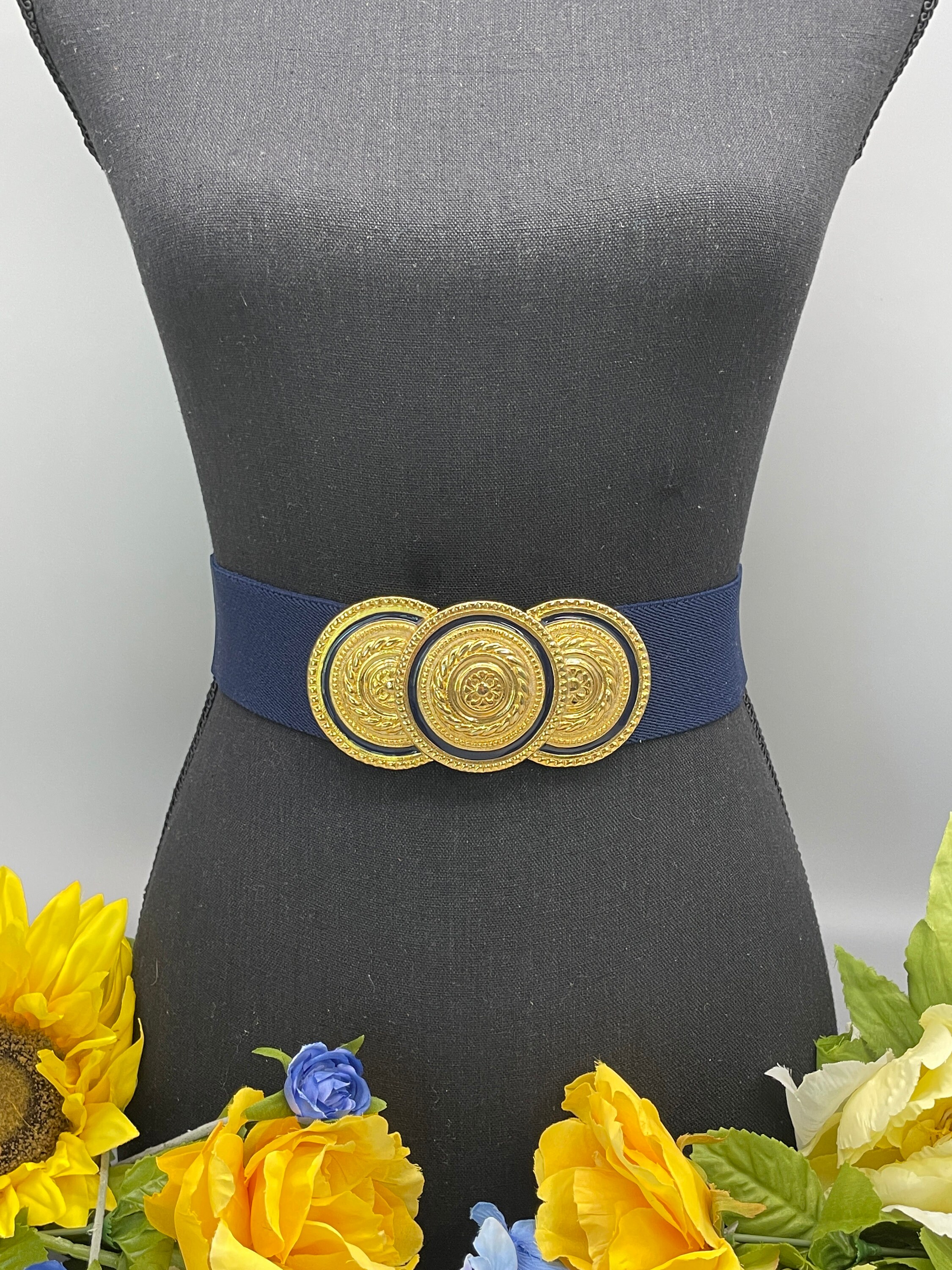Vintage Nan Lewis Navy Fabric Stretch Belt With Large Gold 