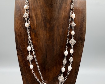 NWT - Brighton Alcazar Margaret Long Necklace, Silver and Pearl, 48", With Brighton Bag