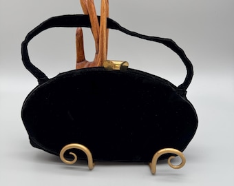 Vintage Mel-Ton Black Velvet handbag with black satin lining, circa 1950s