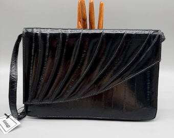 Vintage Black Eel Skin Leather Clutch Shoulder Purse, 1980s
