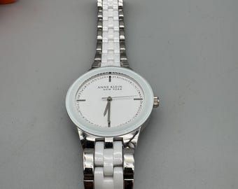 Anne Klein New York White Ceramic Watch Swarovski Crystal Inner Ring Stainless Steel