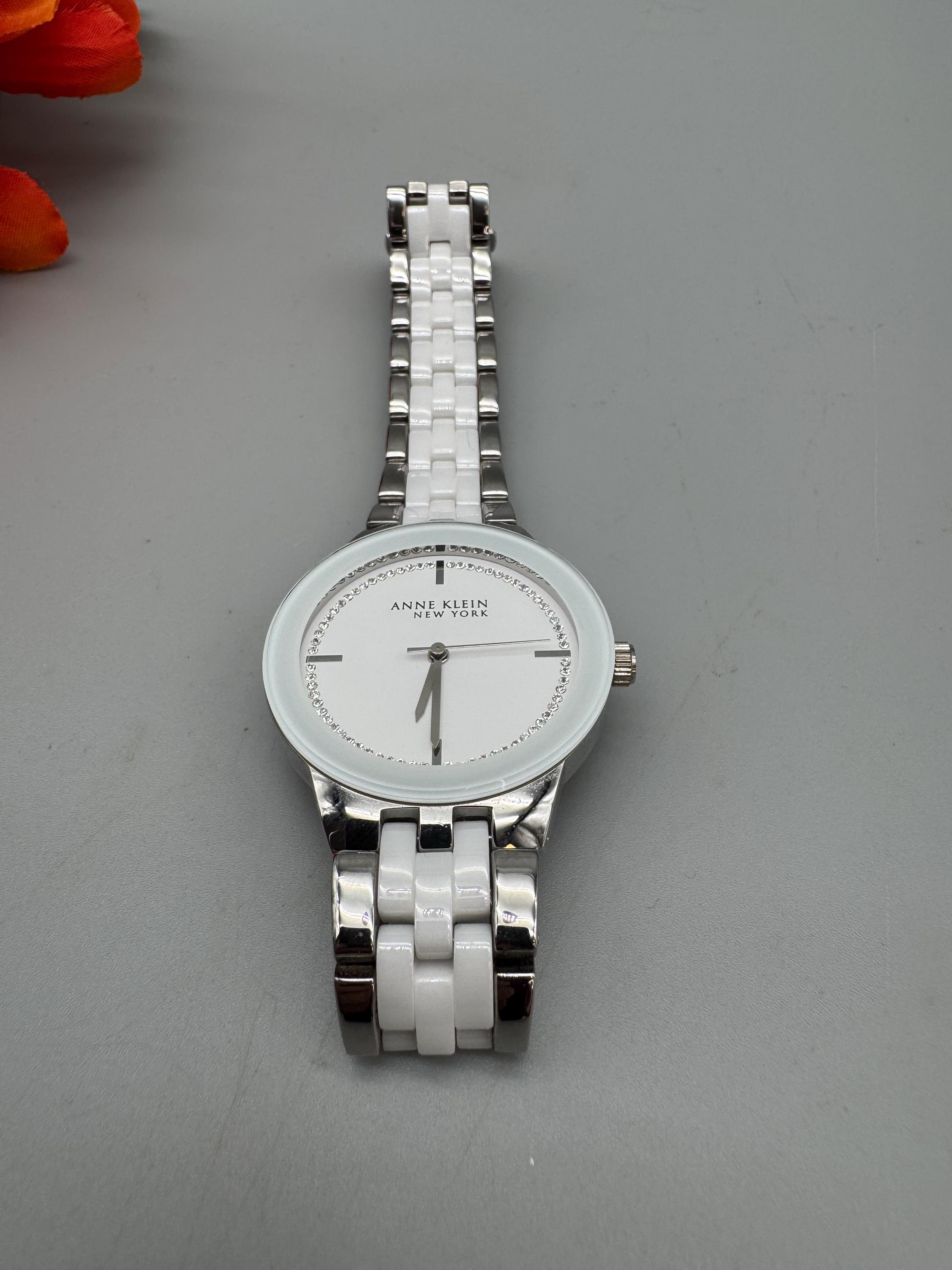 Anne Klein New York White Ceramic Watch Swarovski Crystal Inner