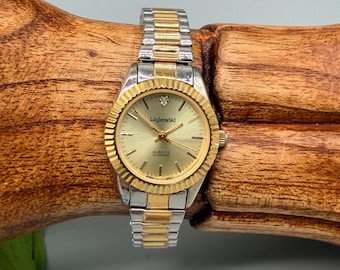 Vintage Lindenwold Two Tone Watch Fluted Bezel Genuine Diamond Accent Stretch Band