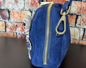 Isaac Mizrahi - IMNYC Blue Suede Crossbody With Pink, White and