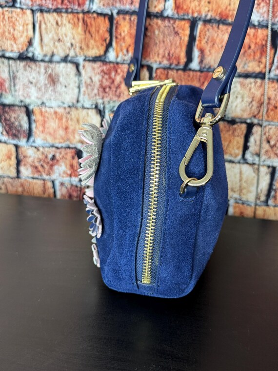 Isaac Mizrahi - IMNYC Blue Suede Crossbody With Pink, White and