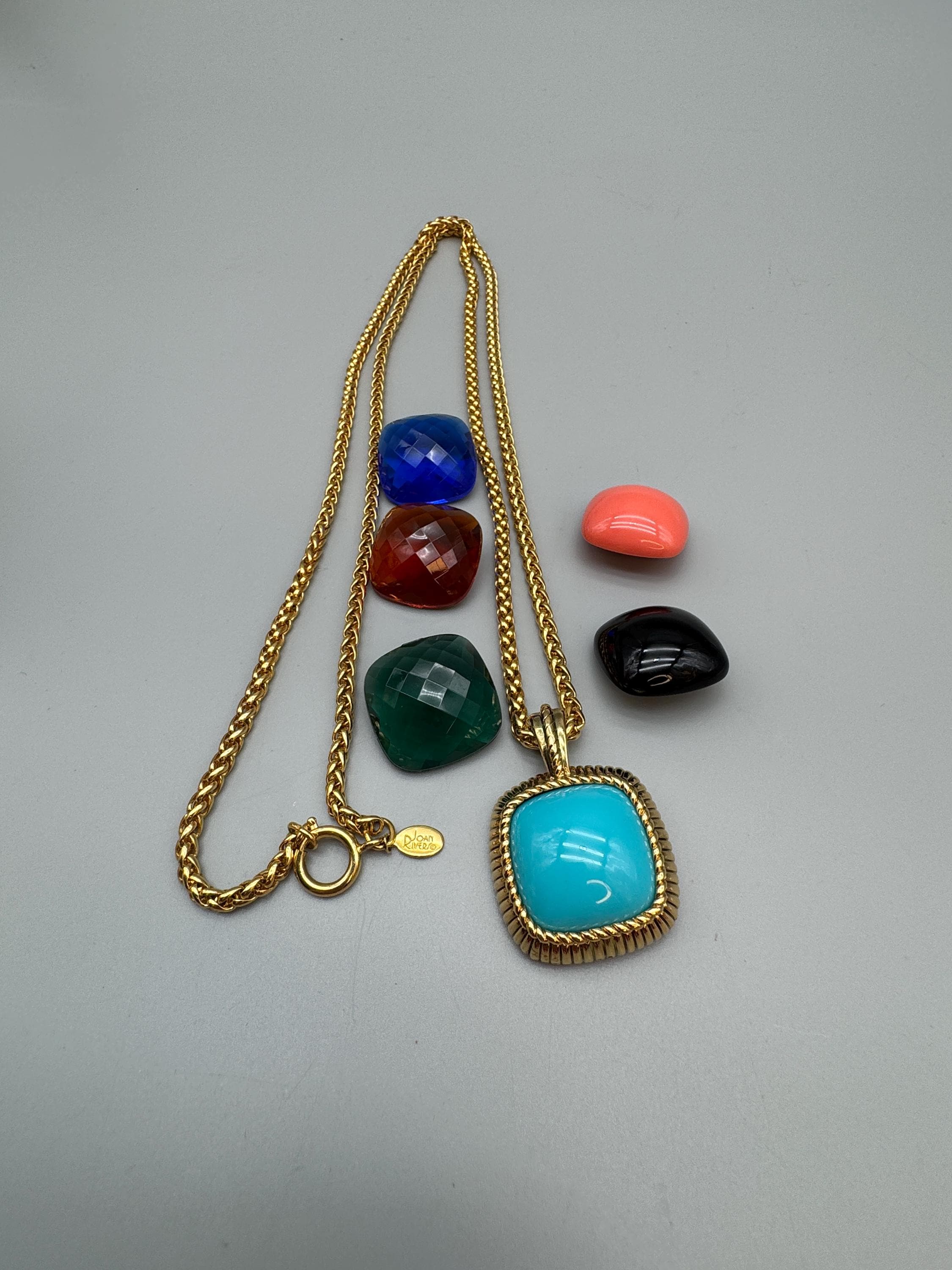 Vintage Joan Rivers Square Pendant Necklace with 6 colorful lucite stones on a 35" braided chain