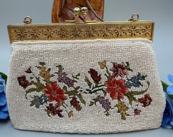 Vintage Pettipoint and Seed Beaded Floral Evening Bag, circa 1960s