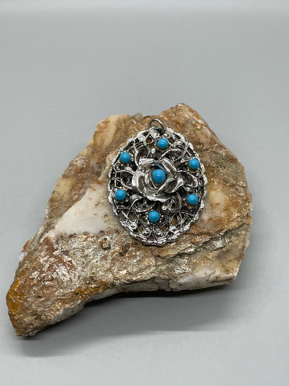 Vintage Pewter Silver tone pendant with turquoise 