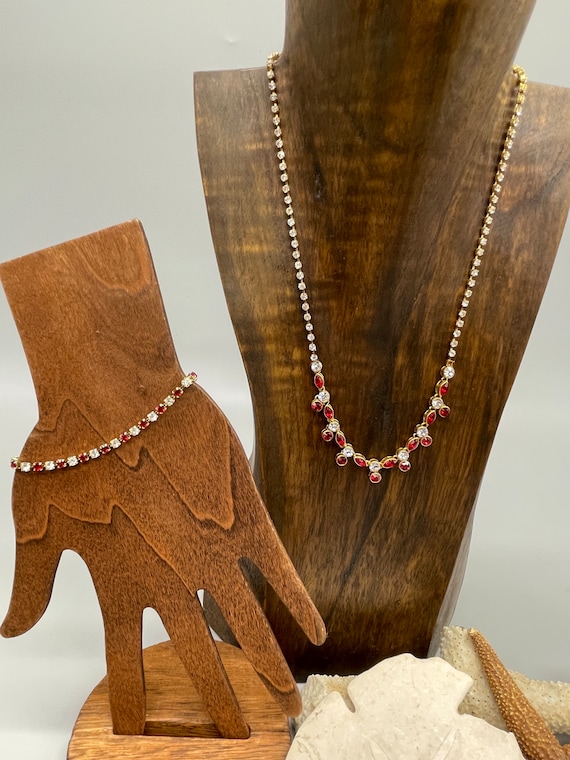 Vintage crystal and red gem necklace and bracelet