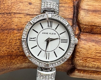 Anne Klein Crystal Bezel Bangle Watch Silver Tone Roman Numeral Extender Links