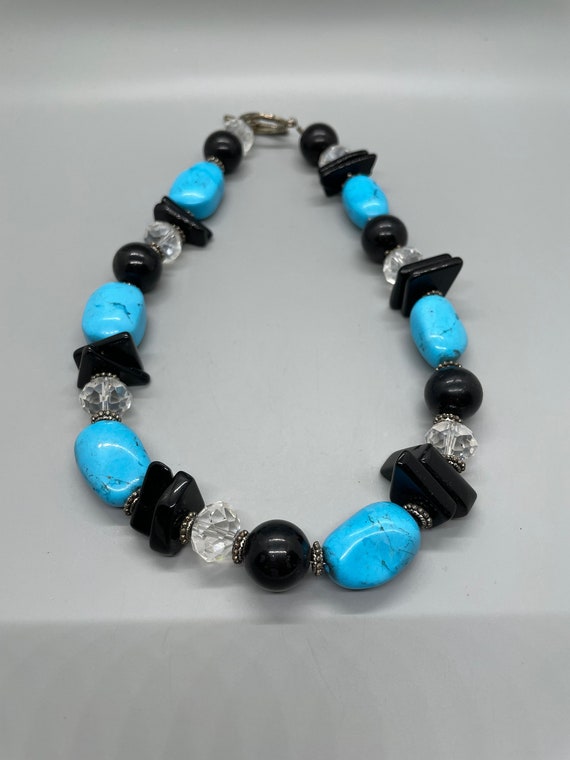 Vintage Black and Turquoise Glass beaded choker w… - image 2