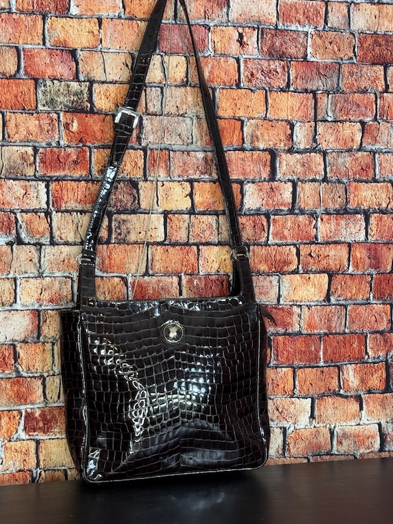 Paloma Picasso メッシュ×レザー 底面刻印 ハンドバッグ ブラック Paloma Picasso Brown Patent Leather Crocodile Embossed Purse