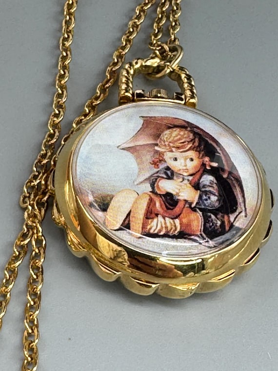 NEW - Vintage MJ Hummel Umbrella Girl Pocket Watch Necklace  display picture 1