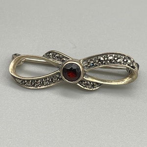 Vintage Marcasite Bow Brooch with red center gem