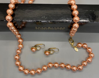 Joan Rivers Peach Colored Faux 10mm pearl necklace with matching drop earrings