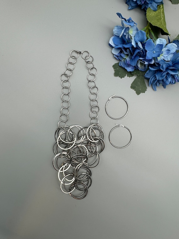 Silver statement Bib Necklace with earrings