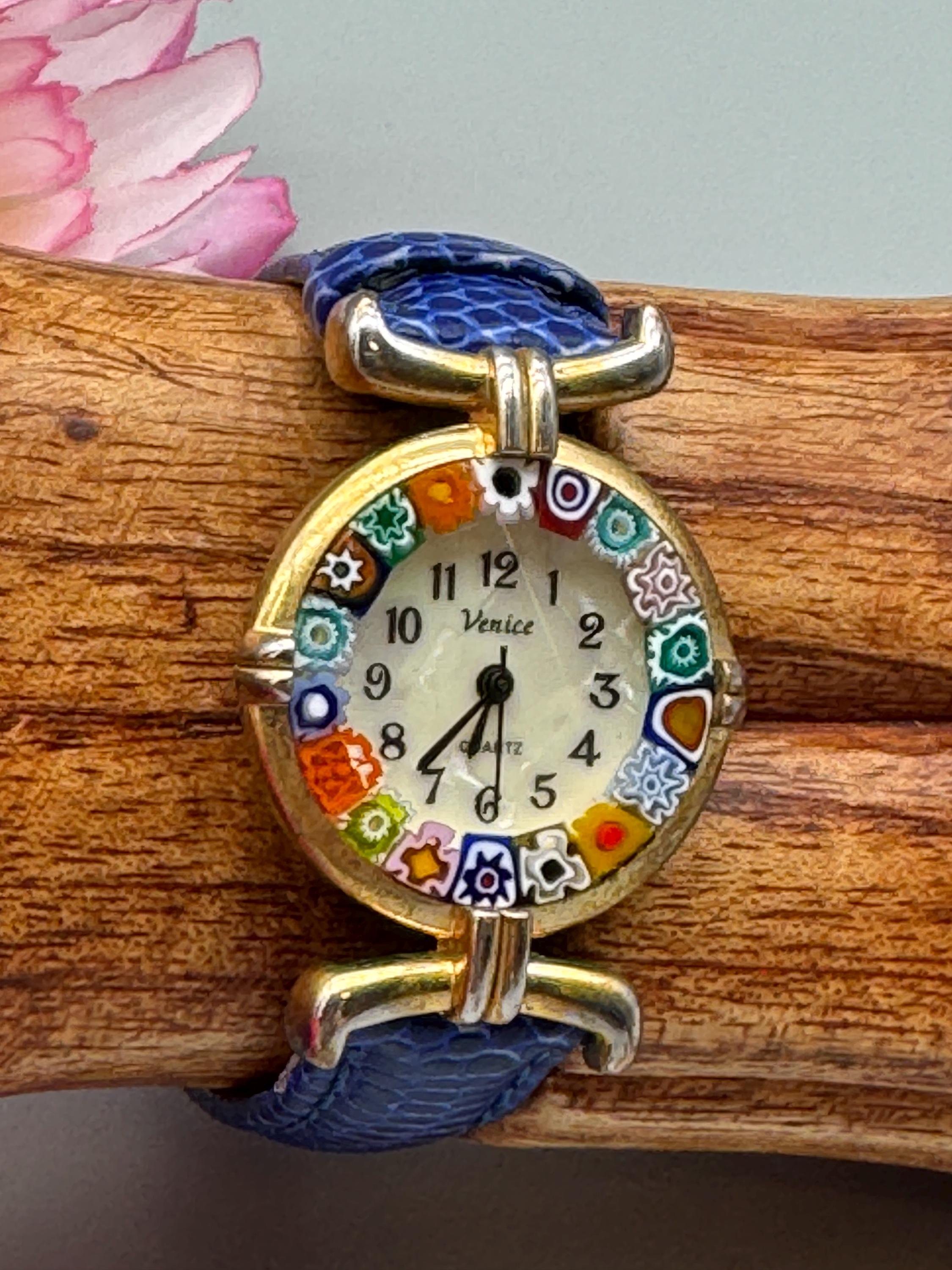 Venice Murano Gold Tone Millefiori Floral Blue Red Yellow 