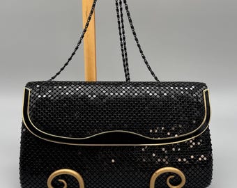 Vintage Black Metal Mesh Evening Bag with Gold tone Accents, circa 1970