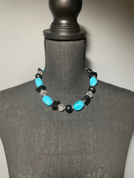 Vintage Black and Turquoise Glass beaded choker w… - image 3