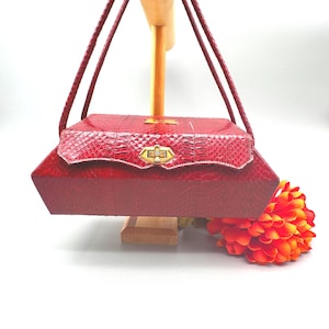 Vintage Red Snakeskin Box Purse, Circa 1940