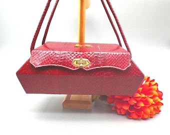 Vintage Red Snakeskin Box Purse, Circa 1940