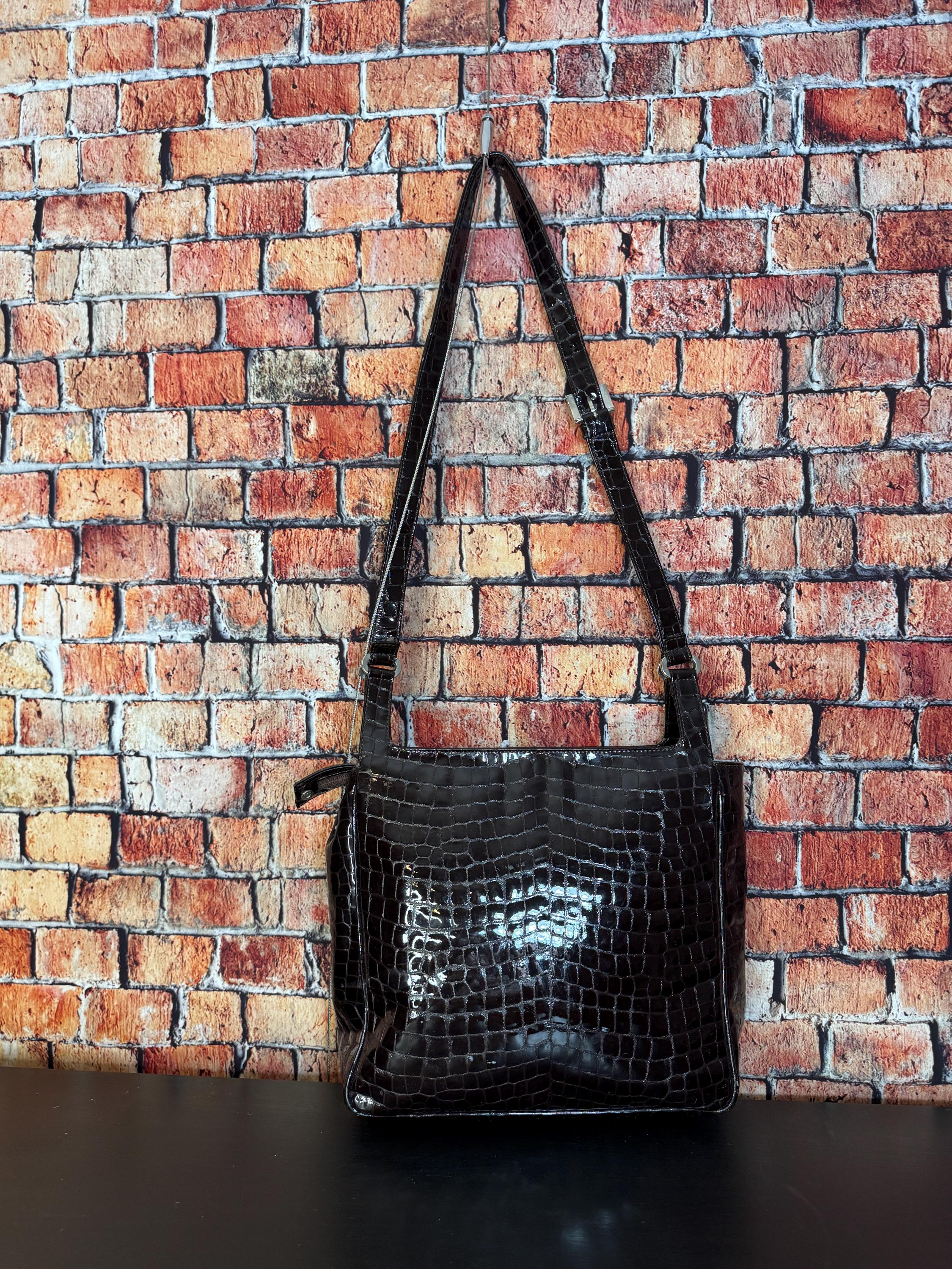 Paloma Picasso Brown Patent Leather Crocodile Embossed Purse