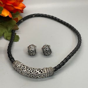 Vintage black braided leather choker necklace and matching earrings