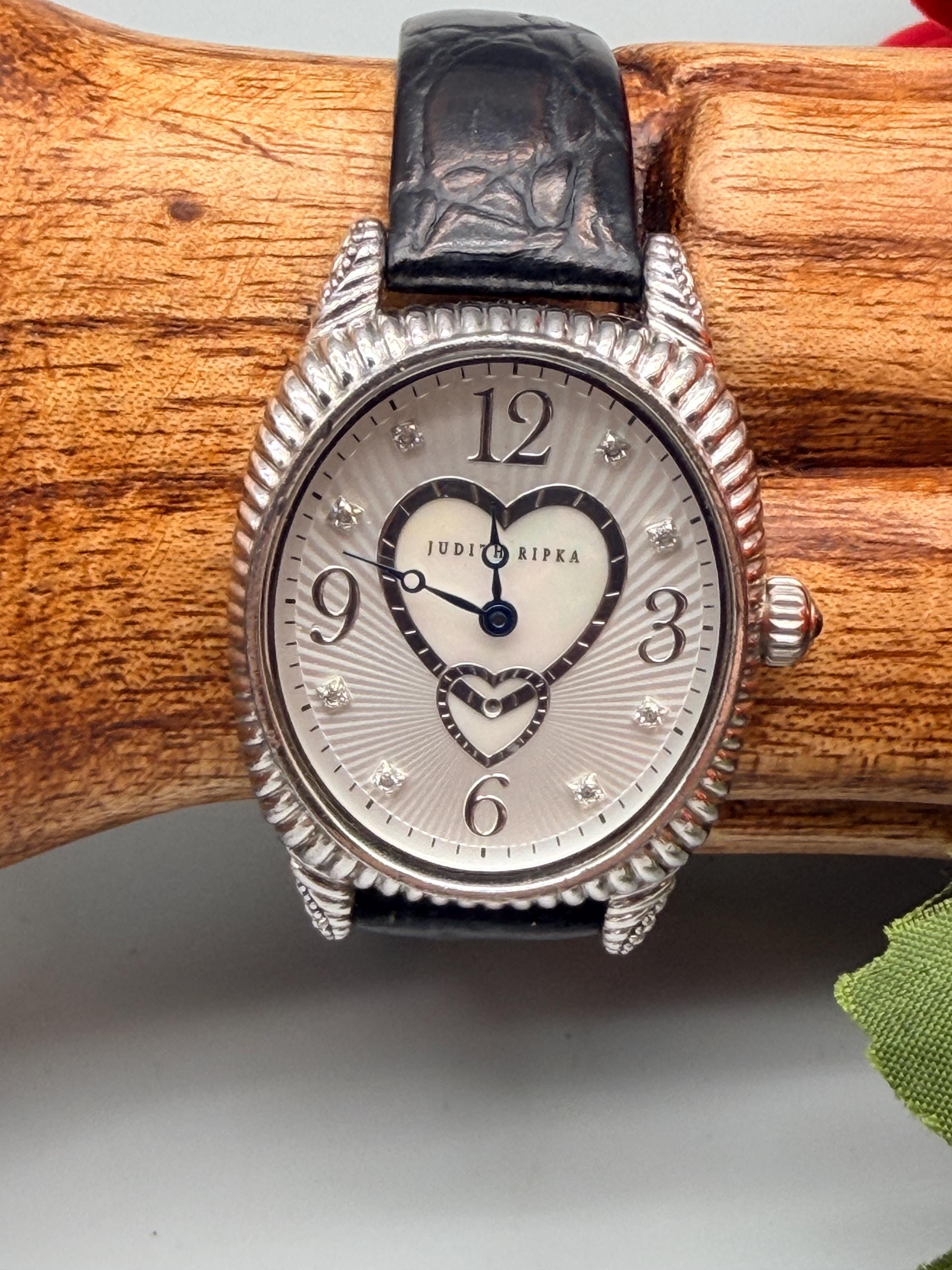 Judith Ripka Sterling Mother of Pearl Hearts on a Black Leather