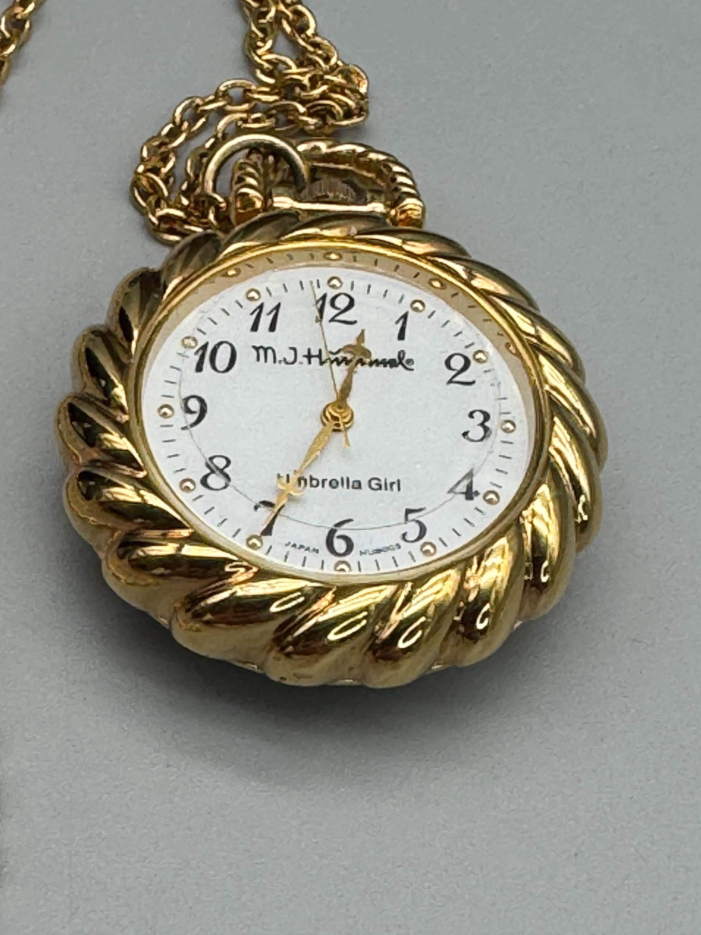NEW - Vintage MJ Hummel Umbrella Girl Pocket Watch Necklace 
