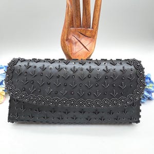 Vintage Black Beaded Clutch Evening Bag, made in Hong Kong