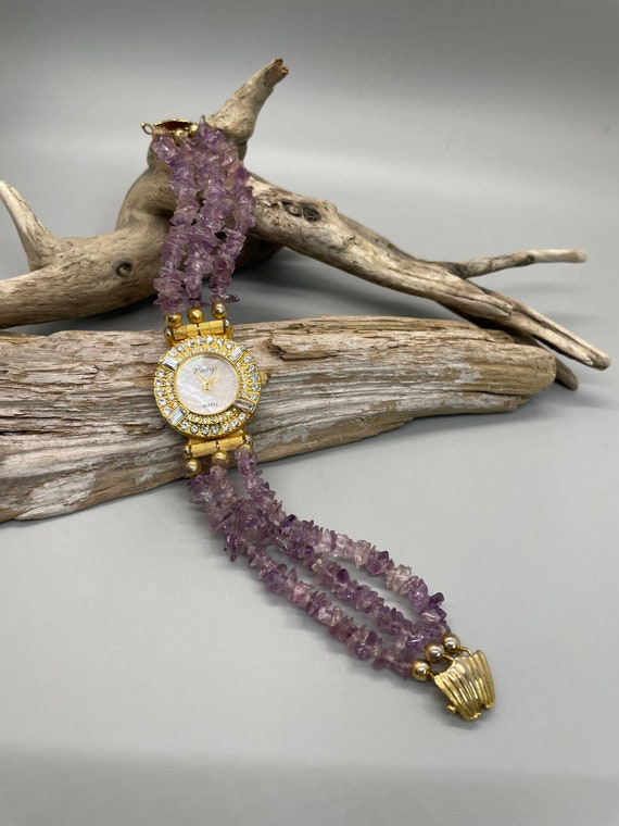Vintage Prestige Watch With Rhinestone Bezel Face and 3 Purple Cut