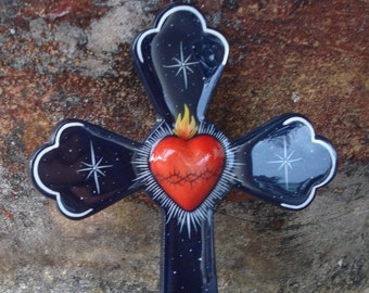 Heart Cross Ceramic Decor | Artistic Cross Holy Spirit | Ex Voto Nicho Charm Style | Ceramic Artistic Cross Holy Spirit Milagro Charms