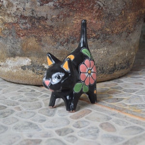 Black Cat Talavera Ceramic Decor | Friendly Cutie Cat Home Decor | Mexican Garden Pottery Folk Art | Cat Ring Holder on Talavera Ceramic