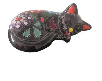 Maceta de gato negro dormilón / Maceta de gato negro de cerámica / Figura de gato de cerámica / Maceta de gato sentado / Maceta de cachorro multicolor pintada a mano