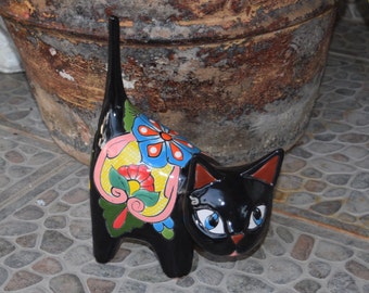 Black Cat Talavera Ceramic Decor | Friendly Cutie Cat Home Decor | Mexican Garden Pottery Folk Art | Cat Ring Holder on Talavera Ceramic