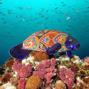 Manatee Talavera Ceramic | Mancave Home Kitchen Patio | Garden Pottery I Animal Decor  I Large L 17 " x W " 16 x  Depth 3" | Wall Deco Flat