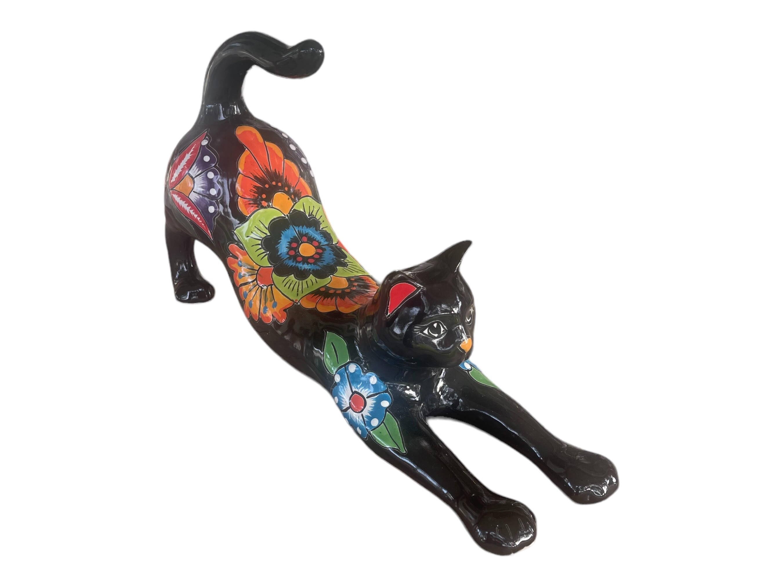 Black Cat Large Talavera Ceramic Home Decors | Kitchen Patio Garden Animal Statue | Garden Pottery Decors | Cat figurines | Cat Hand Paint
