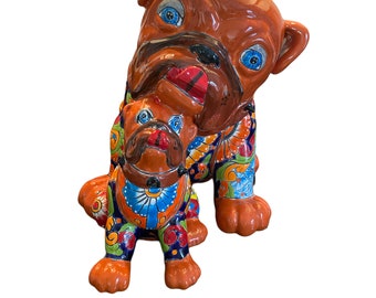 Bull Dog and Pup Black  Ceramic Talavera Animal Home Patio Garden Pottery L 12 " x H 14" x W 9 "