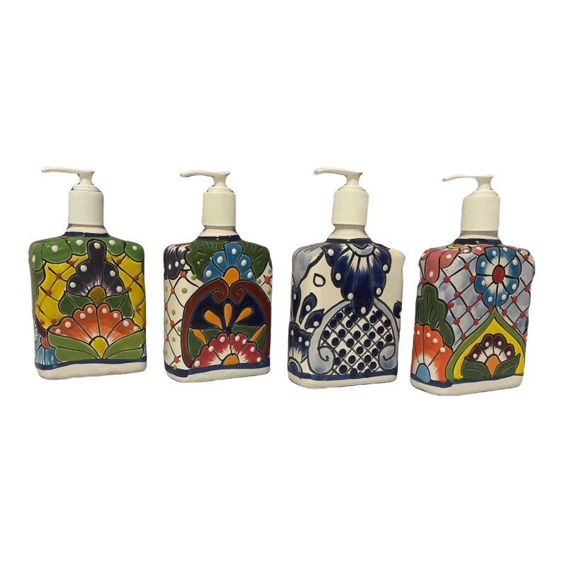 May include: Four ceramic soap dispensers with colorful Mexican Talavera designs. Each dispenser features a different pattern with blue, green, yellow, red, and white colors.