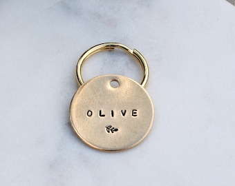Personalized Dog Tag with Simple Leaf Design - Hand Stamped Dog ID Tag - Cat Tag - Gold Dog Tag - Pet ID Tag - Made in Canada - Olive Tag