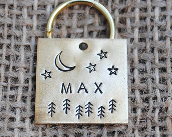 Moon and Forest Trees Hand Stamped Dog Tag - Dog ID Tag - Dog Collar Tag - Custom Dog Tag - Pet ID Tag -  Pet Name Tag - Custom Cat Tag