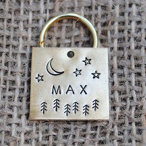 Moon and Forest Trees Hand Stamped Dog Tag - Dog ID Tag - Dog Collar Tag - Custom Dog Tag - Pet ID Tag -  Pet Name Tag - Custom Cat Tag