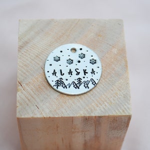 Snowflakes and Mountains Hand Stamped Dog Tag - Cat Tag - Dog ID Tag - Dog Collar Tag - Custom Dog Tag - Pet ID Tag - Name Tag - Dog Lover