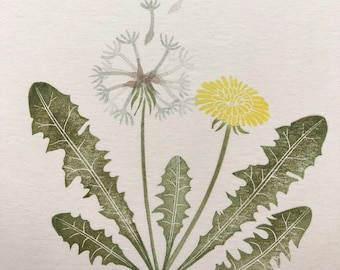 May include: A watercolor painting of a dandelion with a yellow flower and a white seed head. The seeds are blowing in the wind. The dandelion has green leaves.
