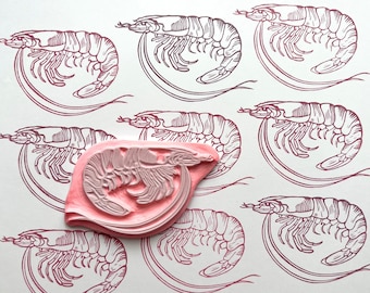 May include: A set of nine pink rubber stamps featuring a shrimp design. The stamps are arranged in a grid pattern on a white background. The shrimp are drawn in a detailed, realistic style.