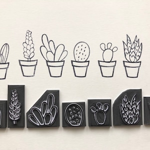 cactus, cacti stamp, cactus rubber stamp set of 6 cactus botanical print stamp, succulent plant, print, botanic, mini stamp set image 1