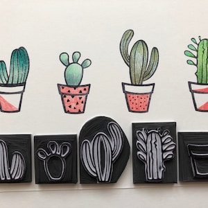 cactus, sello de cactus, juego de sellos de goma de cactus de 4 sellos de impresión botánica de cactus, planta suculenta, impresión, botánico, mini juego de sellos